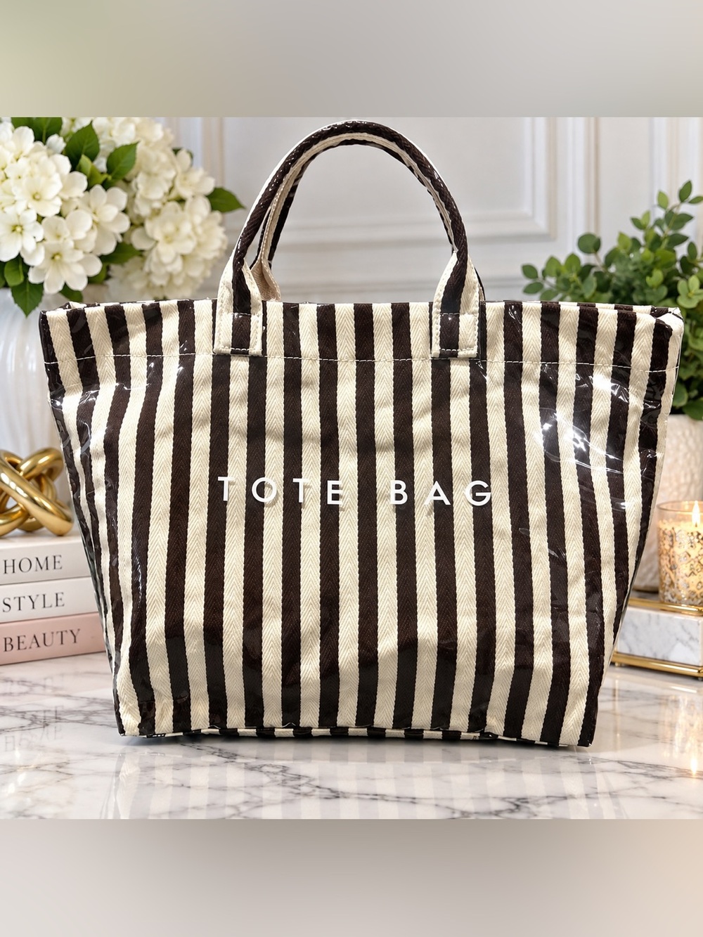 NWOT Glossy Black & Cream Striped Tote Bag – Large Coated Shopper Carryall